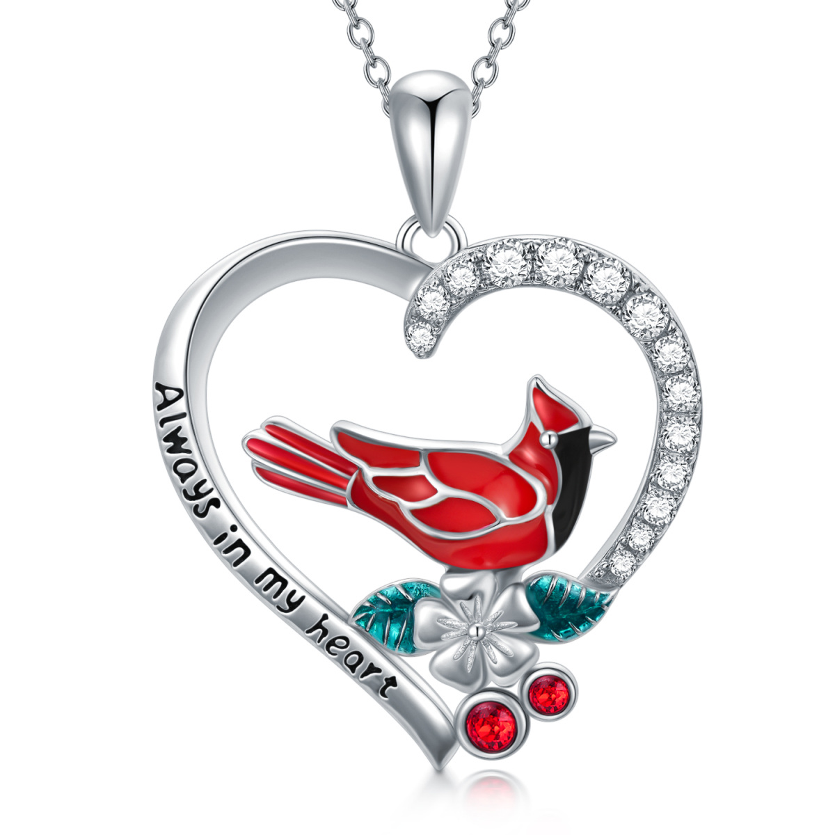 Sterling Silver Circular Shaped Cubic Zirconia Cardinal Wildflowers Heart Pendant Necklace-1