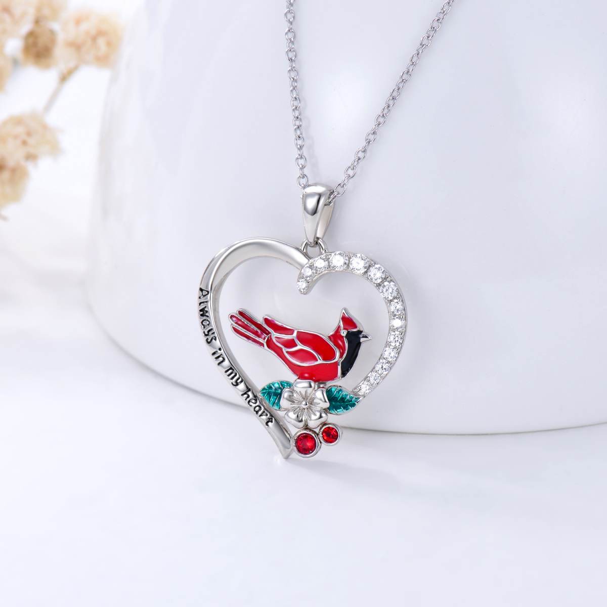 Sterling Silver Circular Shaped Cubic Zirconia Cardinal Wildflowers Heart Pendant Necklace-3