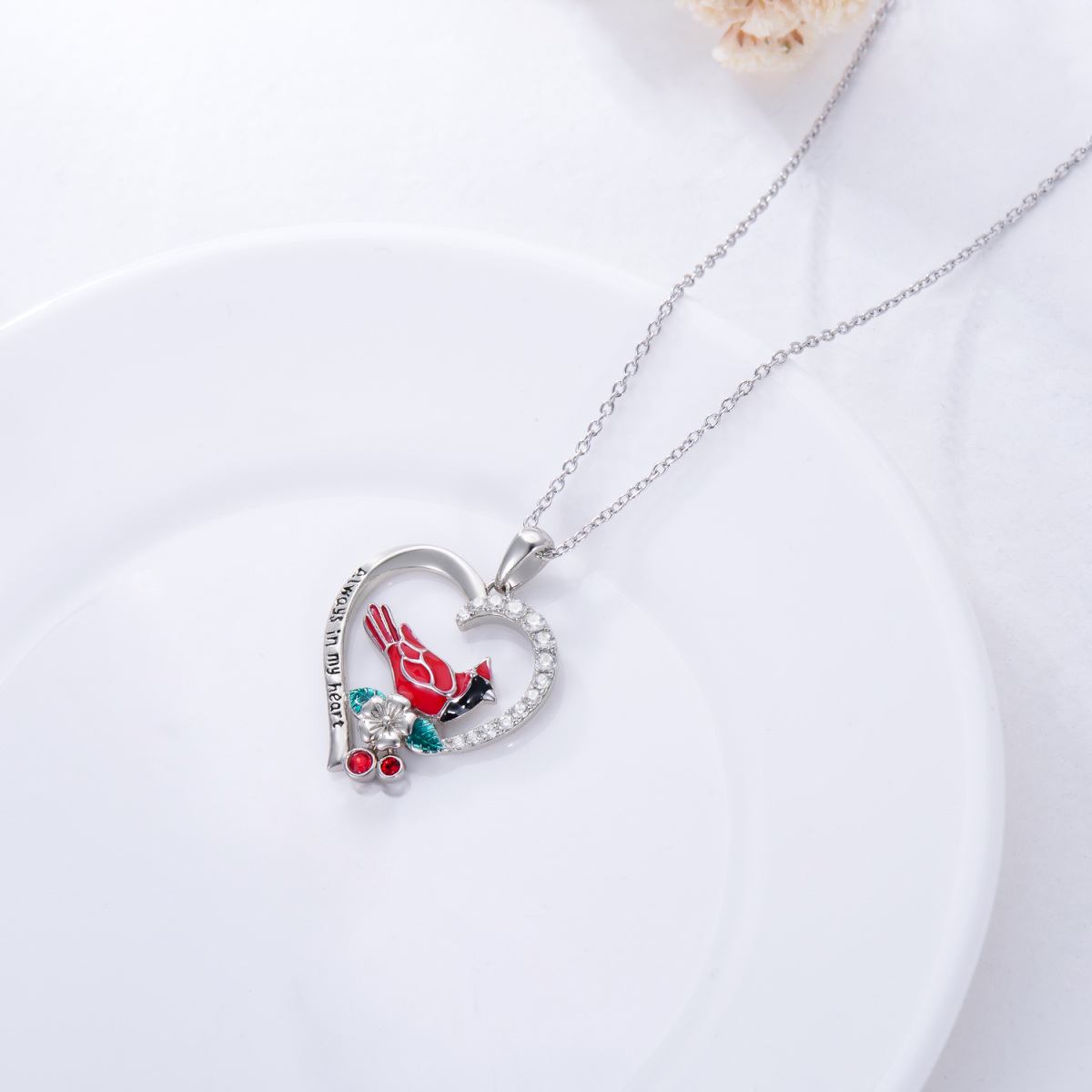 Sterling Silver Circular Shaped Cubic Zirconia Cardinal Wildflowers Heart Pendant Necklace-4