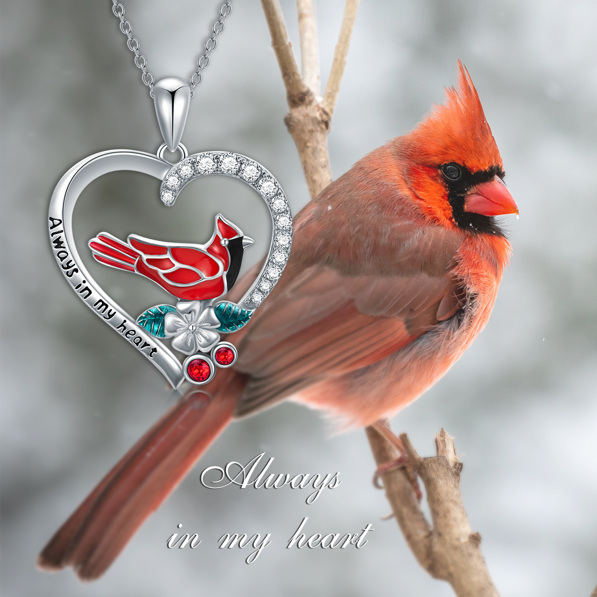 Sterling Silver Circular Shaped Cubic Zirconia Cardinal Wildflowers Heart Pendant Necklace-6