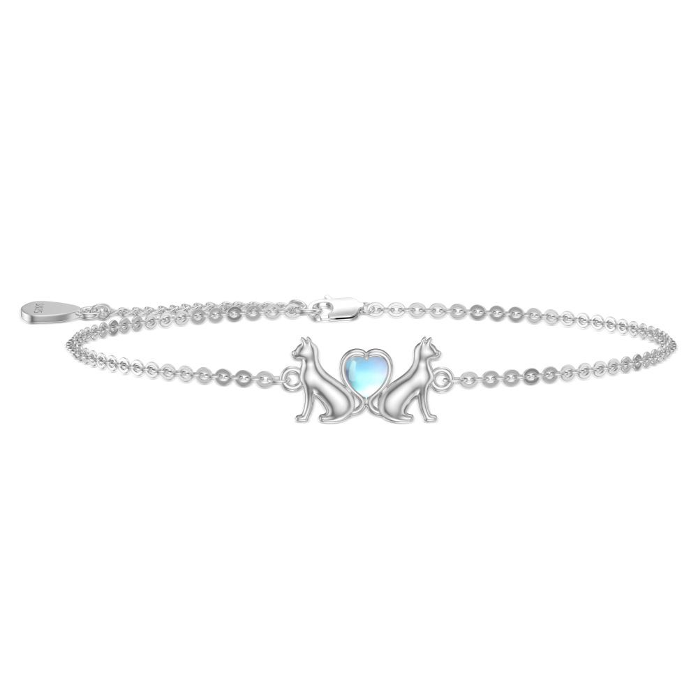 Sterling Silver Moonstone Cat & Heart Charm Bracelet-1