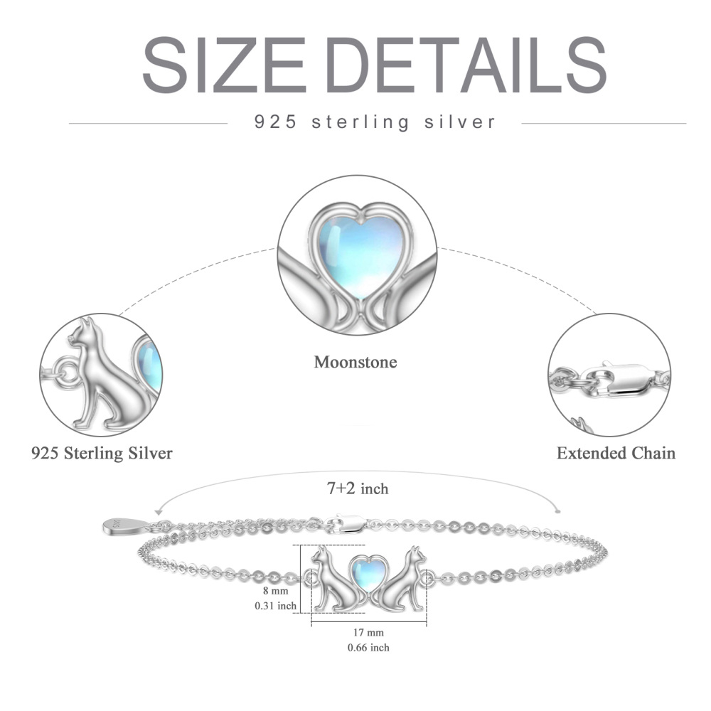 Sterling Silver Moonstone Cat & Heart Charm Bracelet-5