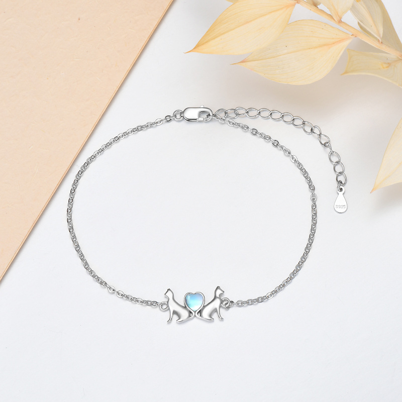 Pulseira com pingente de coração de gato e pedra da lua em prata esterlina-3