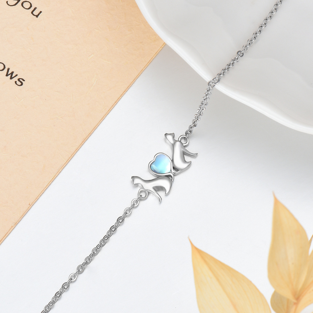 Sterling Silver Moonstone Cat & Heart Charm Bracelet-4