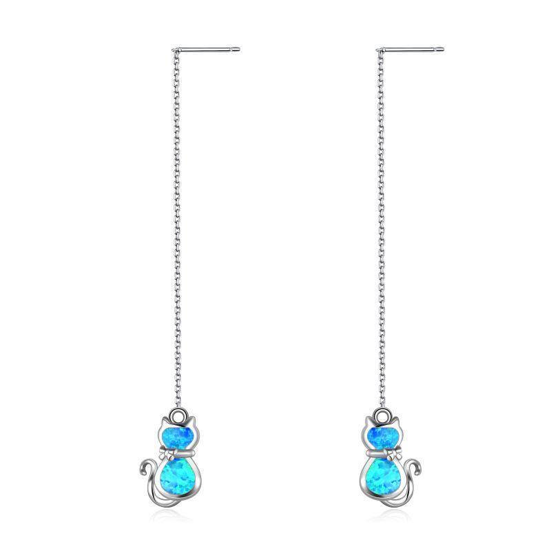 Boucles d'oreilles en argent sterling avec chaîne en forme de chat et opale bleue pour femme-1