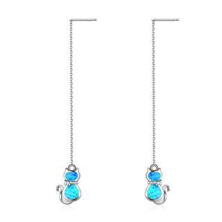 Sterling Silver Blue Opal Cat Chain Earrings Drop Earring For Women-5