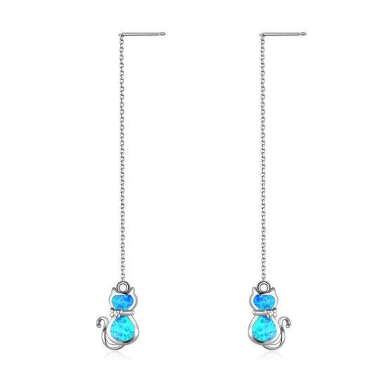 Sterling Silver Blue Opal Cat Chain Earrings Drop Earring For Women