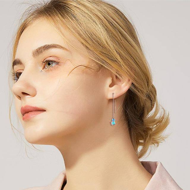 Boucles d'oreilles en chaîne de chat créées en opale bleue, boucles d'oreilles pendantes pour femmes-2