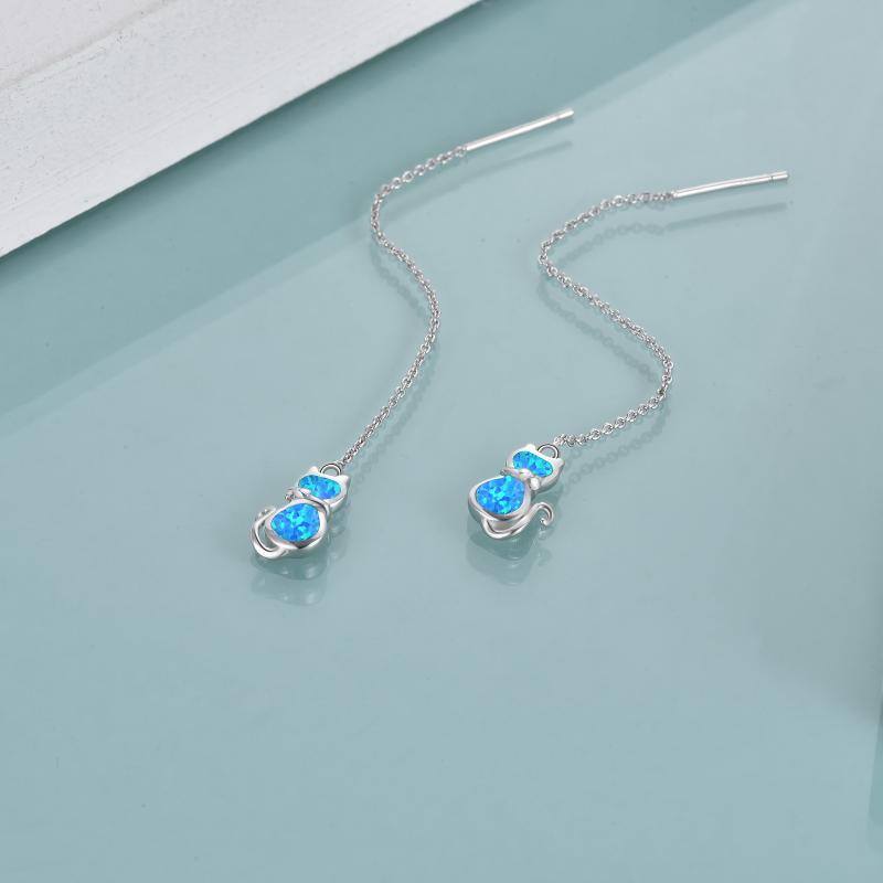 Boucles d'oreilles en argent sterling avec chaîne en forme de chat et opale bleue pour femme-3