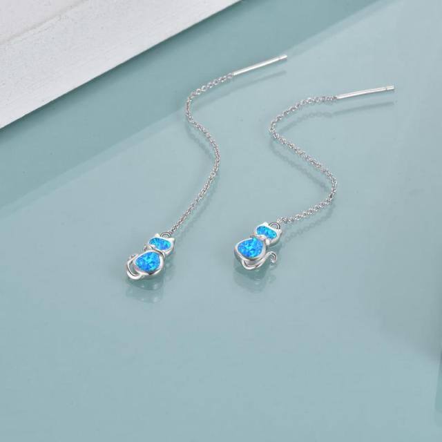 Cat Chain Earrings Created Blue Opal Threader Earrings Drop Earring for Women-3