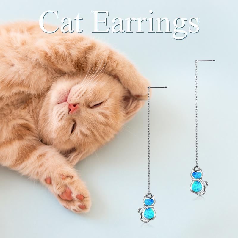 Sterling Silver Blue Opal Cat Chain Earrings Drop Earring For Women-6