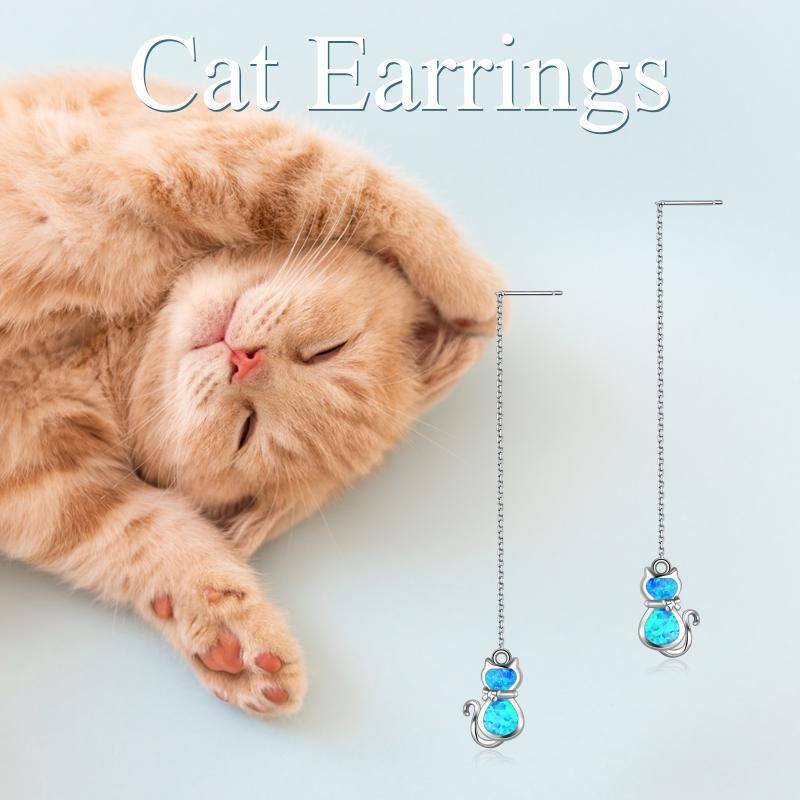 Boucles d'oreilles en argent sterling avec chaîne en forme de chat et opale bleue pour femme-6