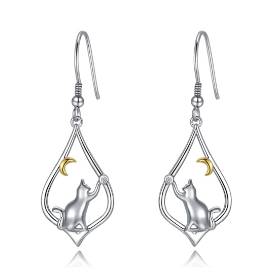 Boucles d'oreilles pendantes en argent sterling bicolores en forme de chat et de lune