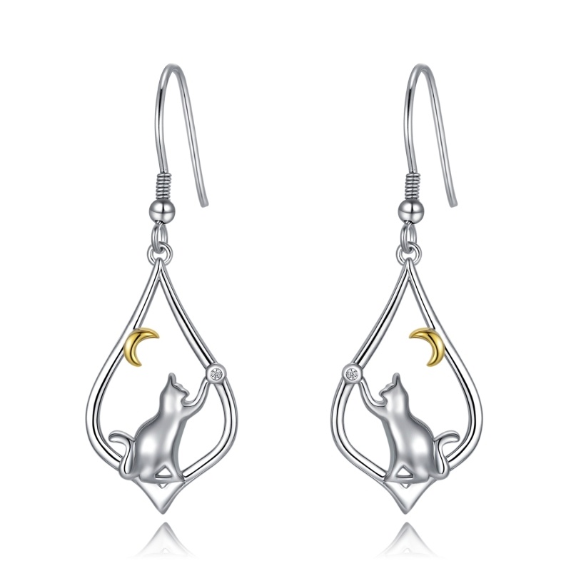 Sterling Silver Two-tone Cat & Moon Drop Earrings-9