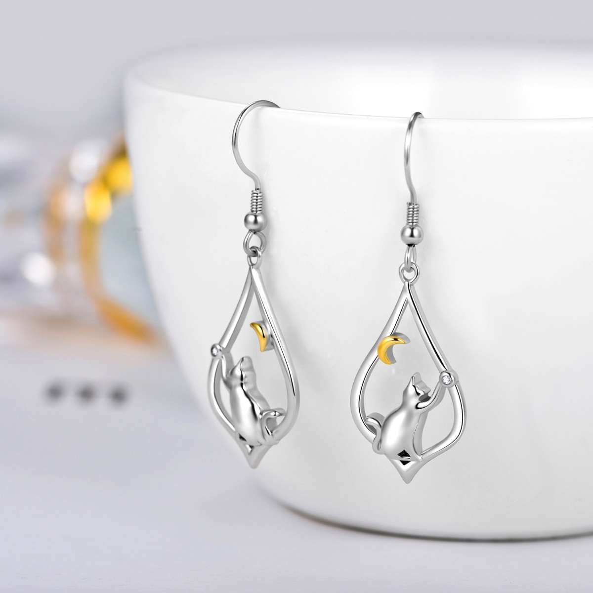 Sterling Silver Two-tone Cat & Moon Drop Earrings-3