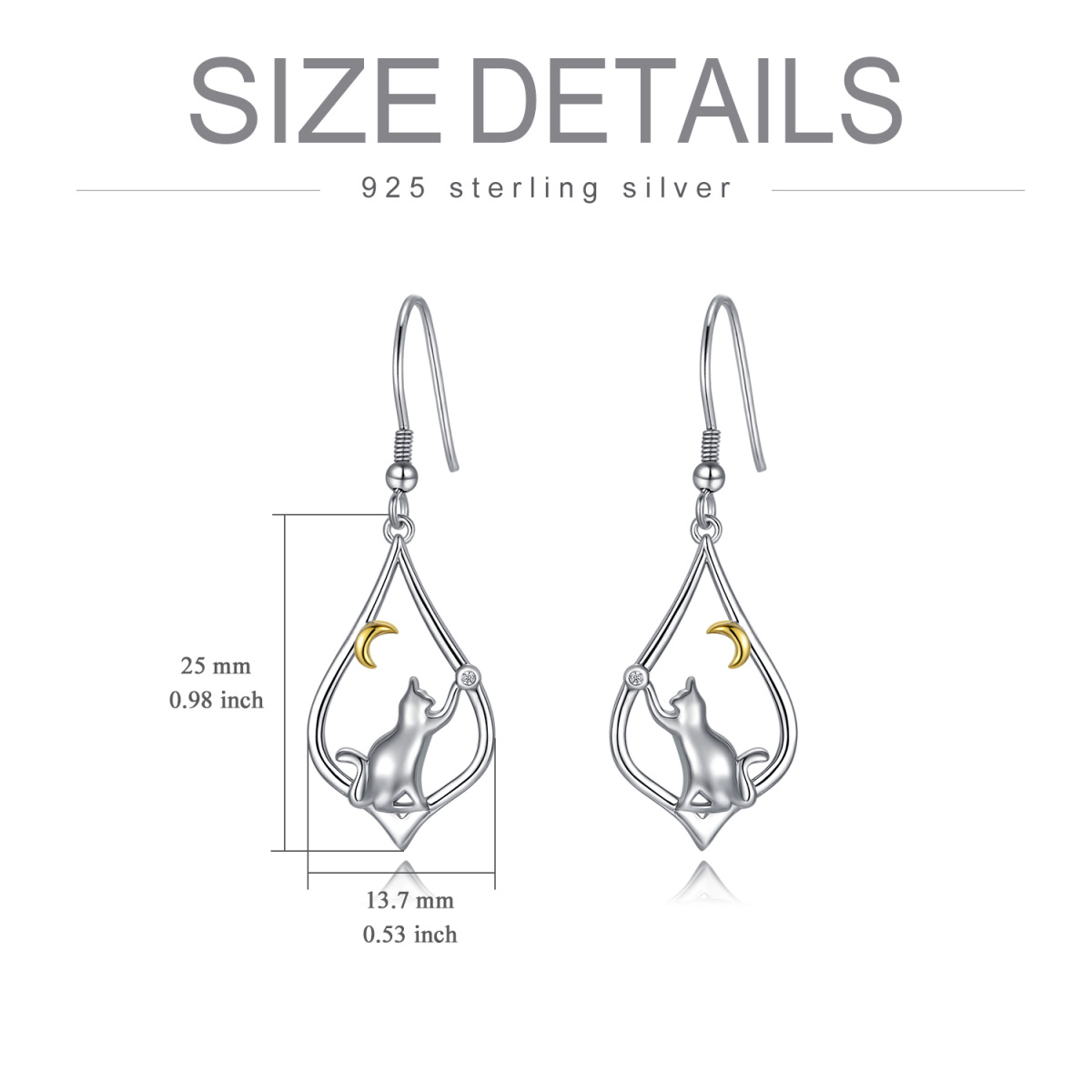 Sterling Silver Two-tone Cat & Moon Drop Earrings-5