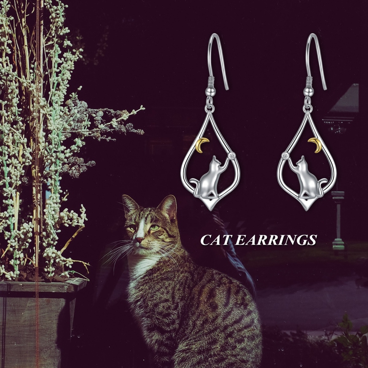 Sterling Silver Two-tone Cat & Moon Drop Earrings-6