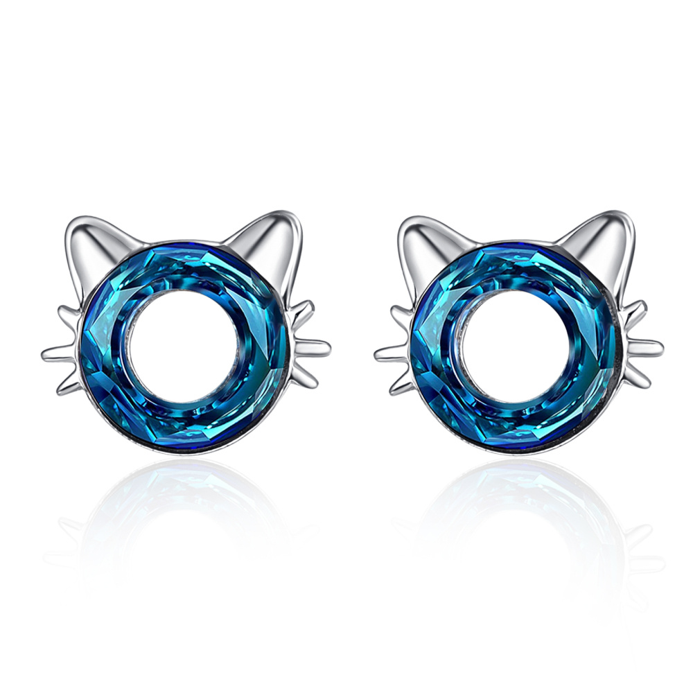 Brincos de gato de cristal azul em prata esterlina-1