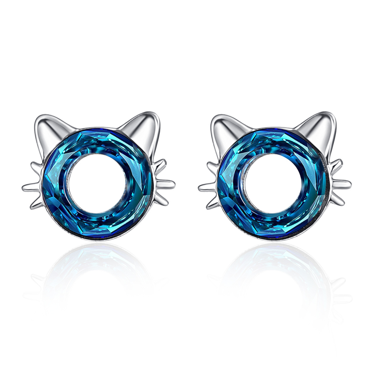 Sterling Silver Blue Crystal Cat Stud Earrings-1