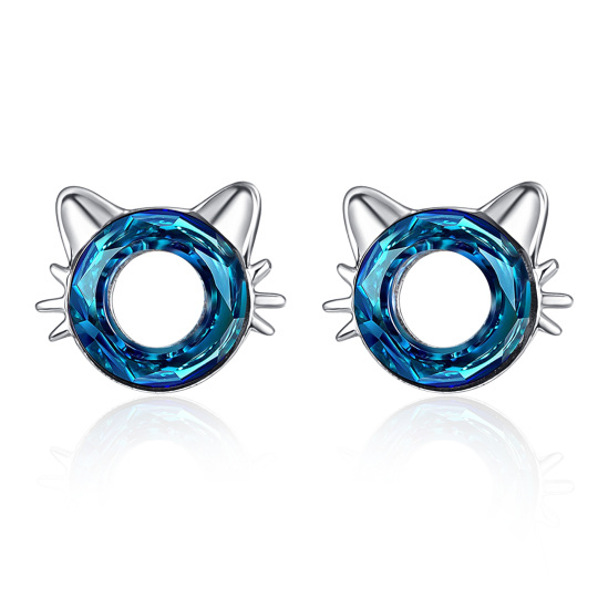 Boucles d'oreilles à tige en argent sterling avec chat en cristal bleu