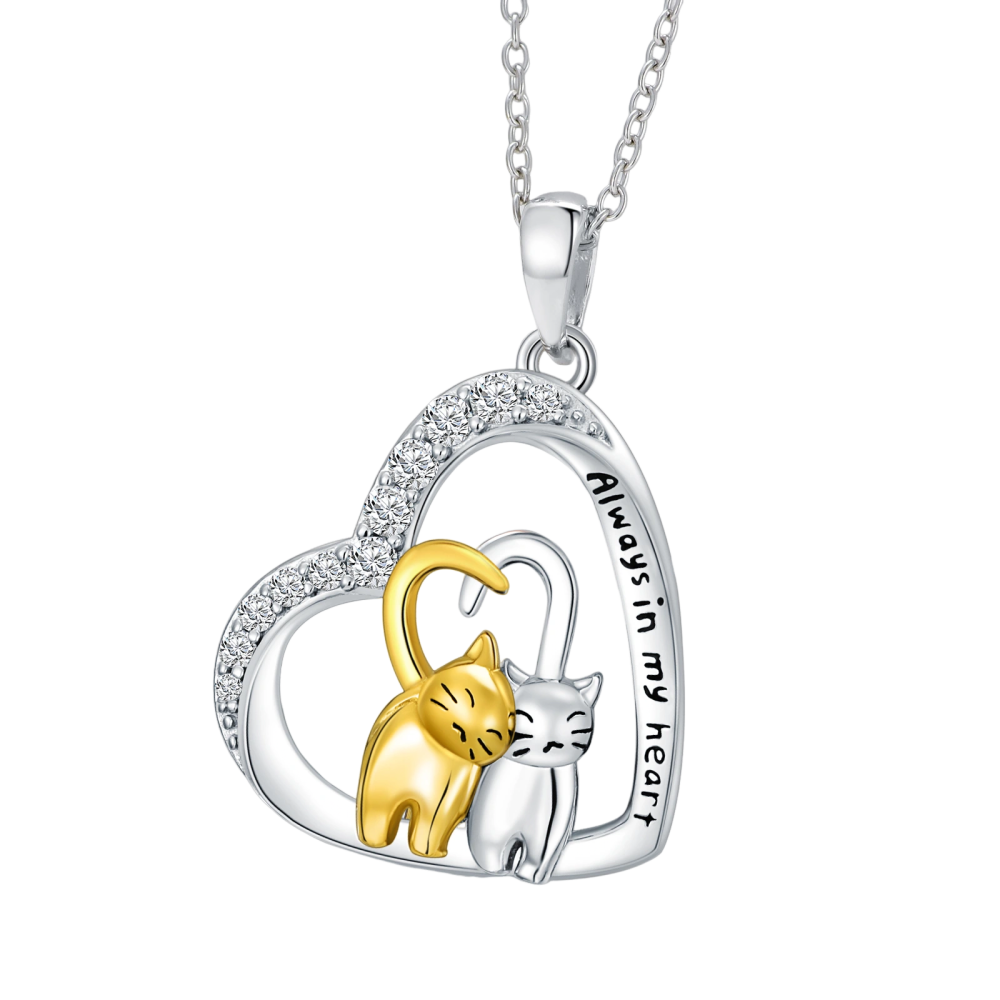 Sterling Silver Two-tone Cubic Zirconia Heart Engraved Cat Necklace for Women-1