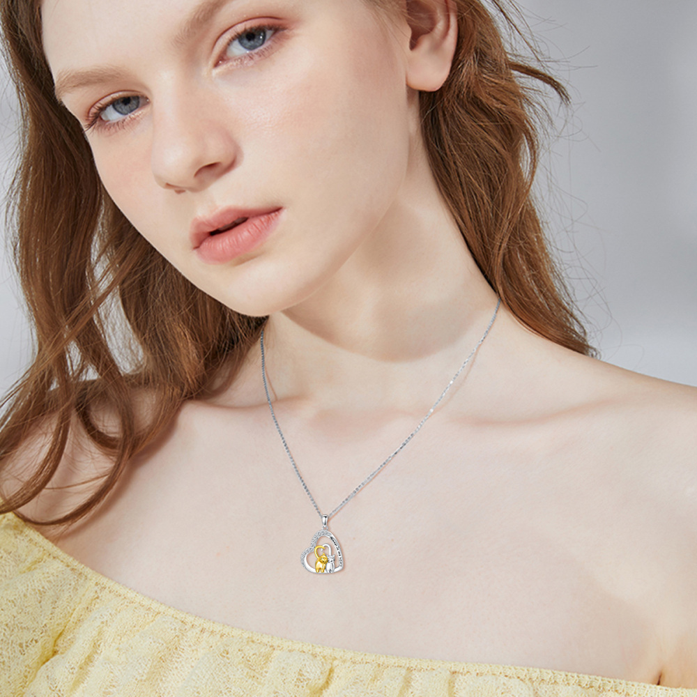 Sterling Silver Two-tone Cubic Zirconia Heart Engraved Cat Necklace for Women-2