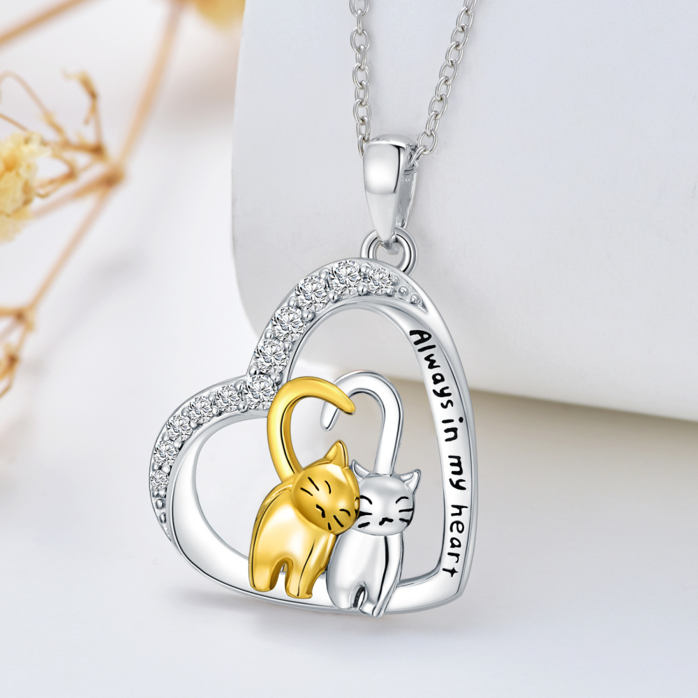 Sterling Silver Two-tone Cubic Zirconia Heart Engraved Cat Necklace for Women-3