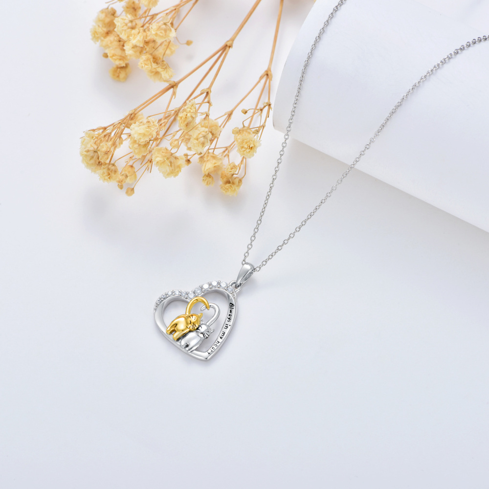 Sterling Silver Two-tone Cubic Zirconia Heart Engraved Cat Necklace for Women-4