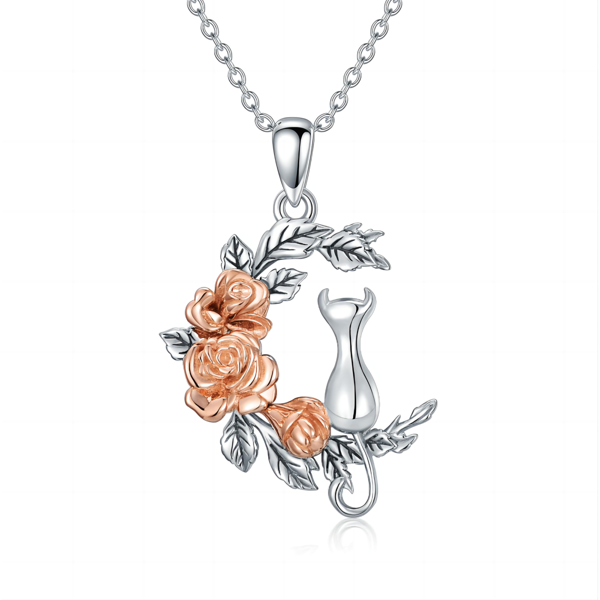 Collar de plata de ley con rosa y gato en dos tonos para mujer-1