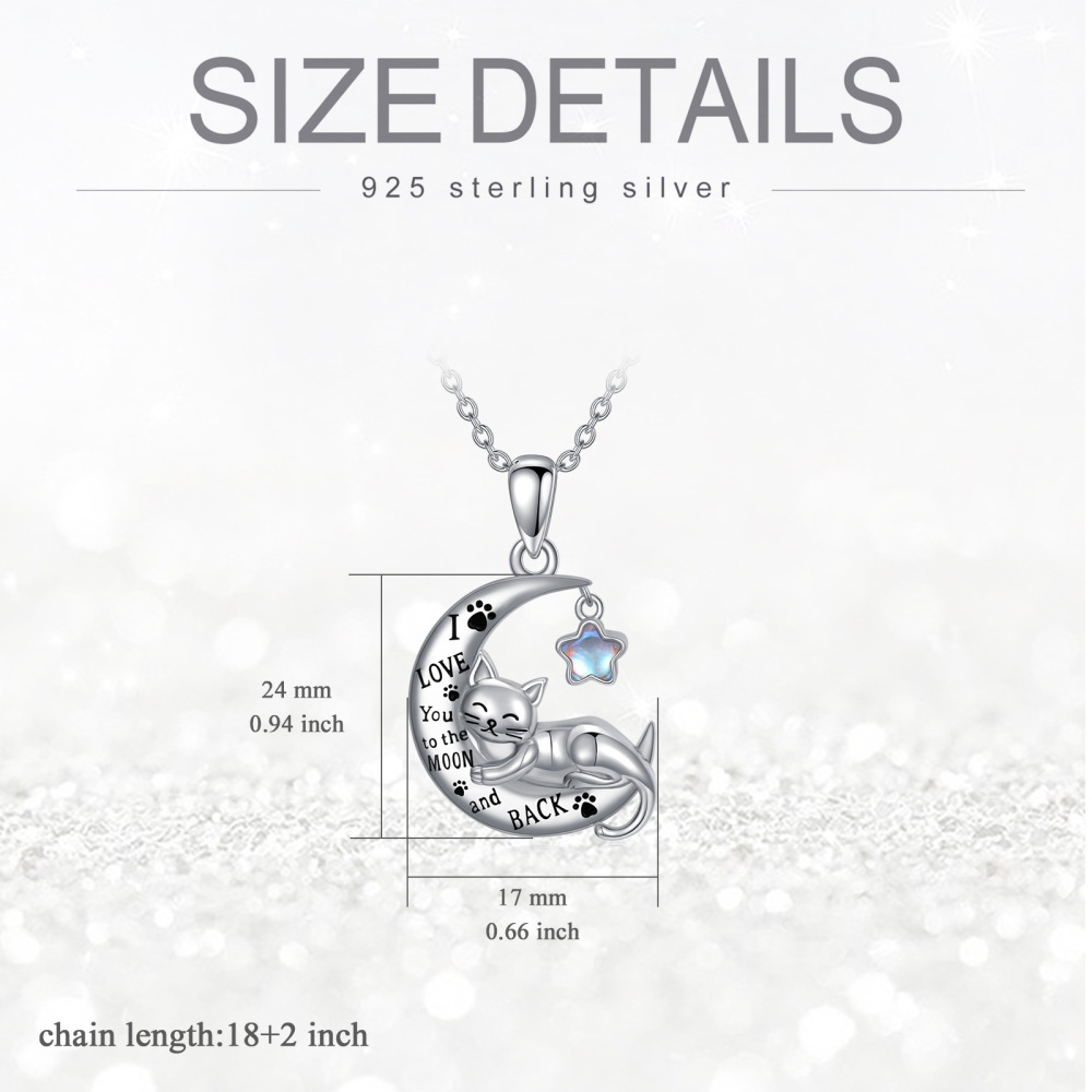 Sterling Silver Moonstone Cat Paw Moon Star Engraved Necklace for Women-4