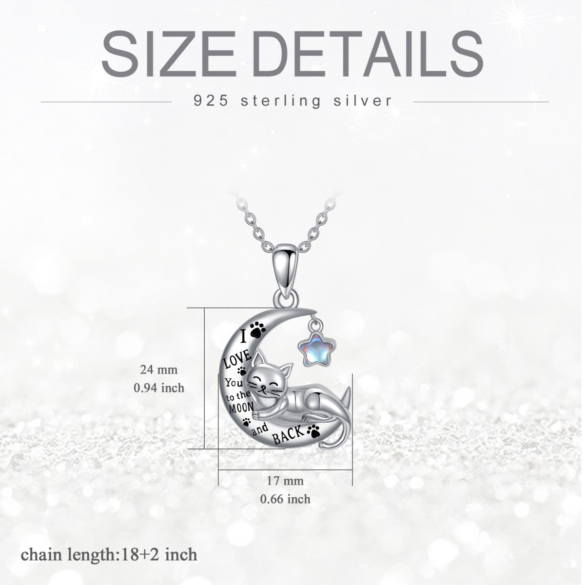 Collana in argento sterling con pietra di luna e zampa di gatto, luna e stella incisa per donna-4