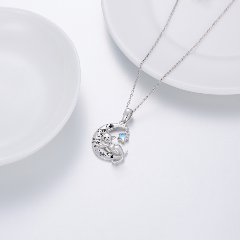 Sterling Silver Moonstone Cat Paw Moon Star Engraved Necklace for Women-3
