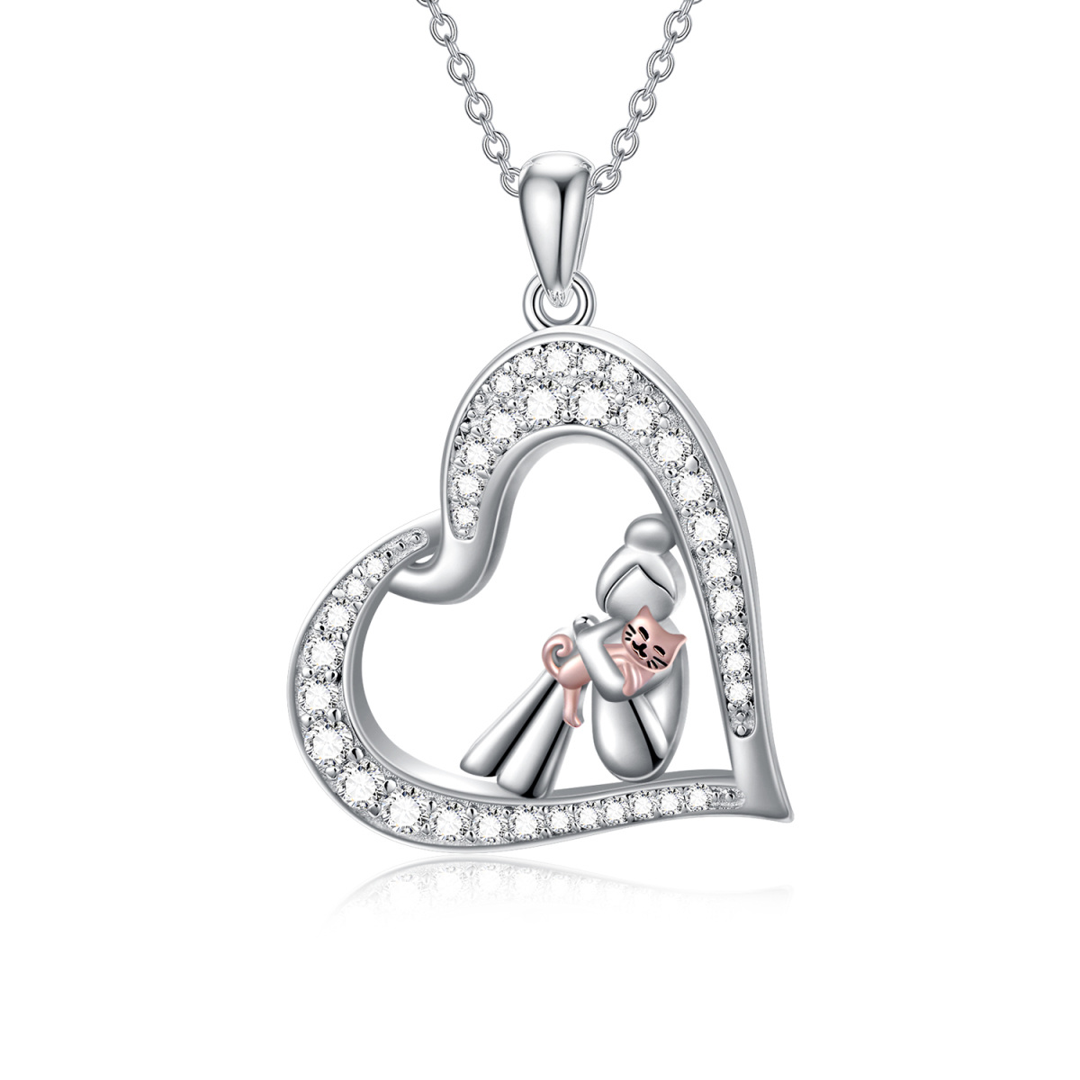 Sterling Silver Two-tone Heart Zircon Cat & Girl Pendant Necklace-1