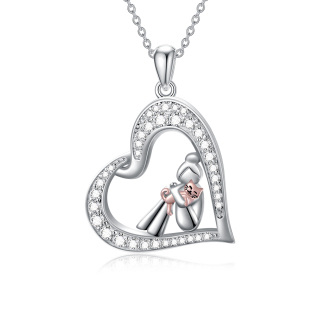 Sterling Silver Two-tone Heart Zircon Cat & Girl Pendant Necklace-16