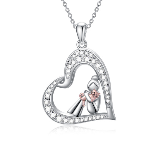 Sterling Silver Two-tone Heart Zircon Cat & Girl Pendant Necklace