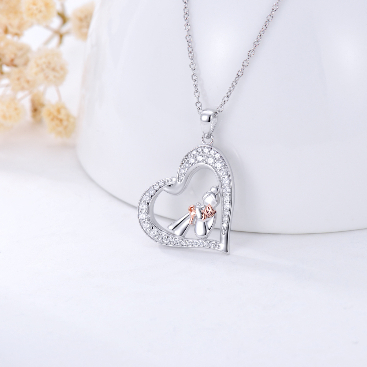 Sterling Silver Two-tone Heart Zircon Cat & Girl Pendant Necklace-4