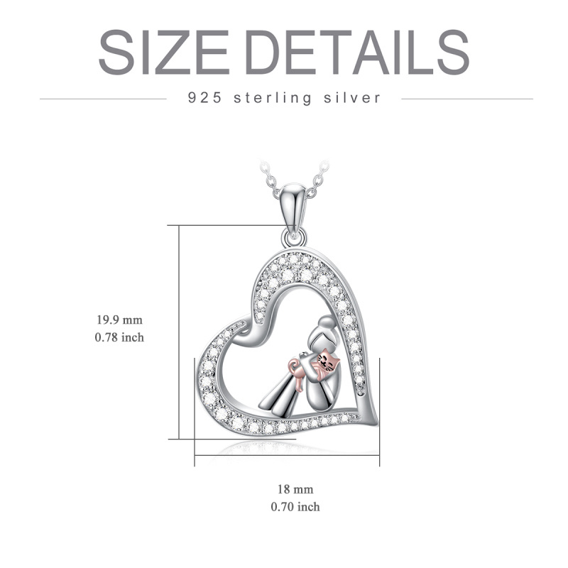 Collar con colgante de gato y niña en plata de ley con circonitas en forma de corazón en dos tonos-5