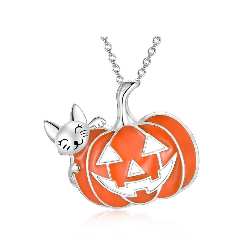 Sterling Silver Cat & Pumpkin Pendant Necklace-1