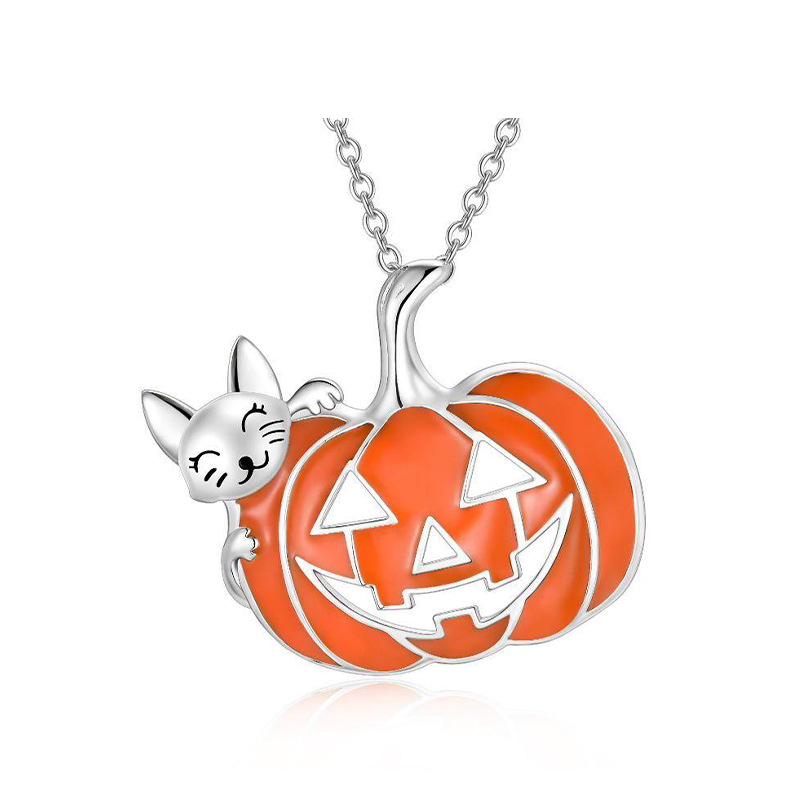 Sterling Silver Cat & Pumpkin Pendant Necklace-13
