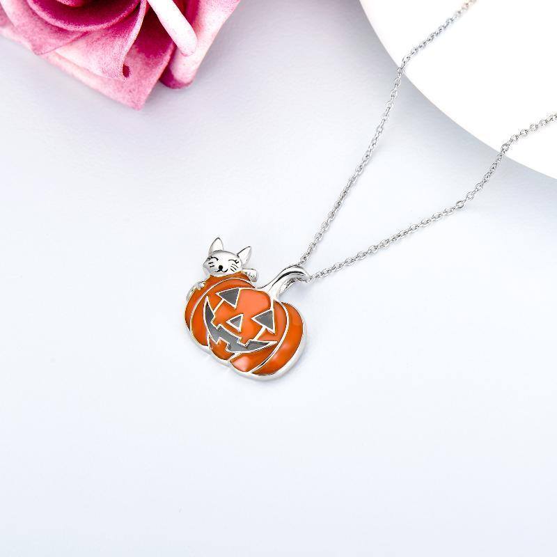 Sterling Silver Cat & Pumpkin Pendant Necklace-3