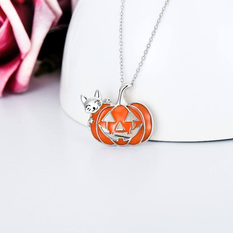 Sterling Silver Cat & Pumpkin Pendant Necklace-4