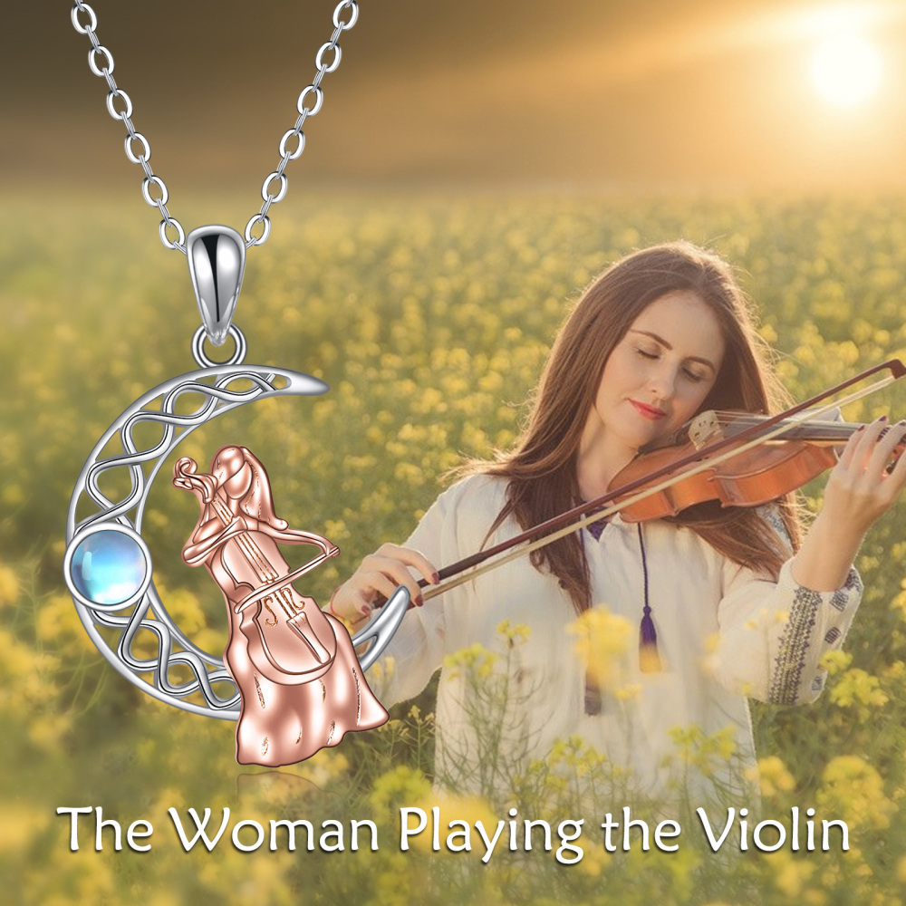 Collar con símbolo musical de luna y nudo en espiral de piedra lunar en plata de ley para mujer-6