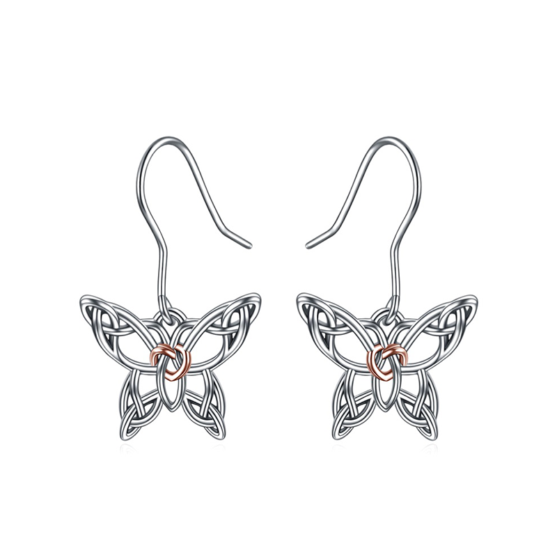 Sterling Silver Two-tone Butterfly & Celtic Knot Drop Earrings-1