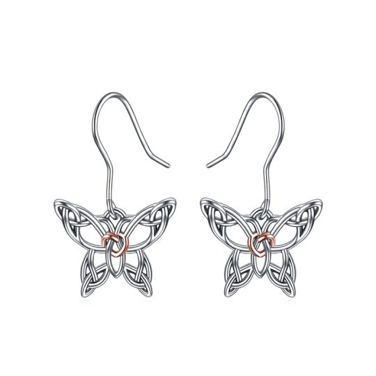 Boucles d'oreilles pendantes en argent sterling avec nœud celtique et papillon bicolore