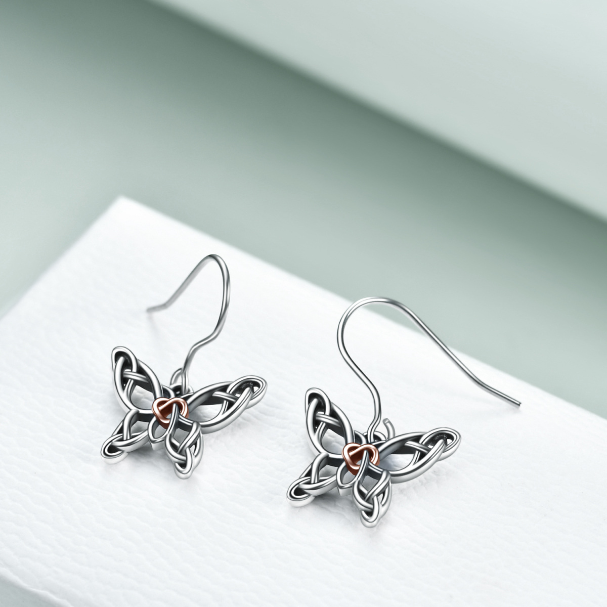 Sterling Silver Two-tone Butterfly & Celtic Knot Drop Earrings-4