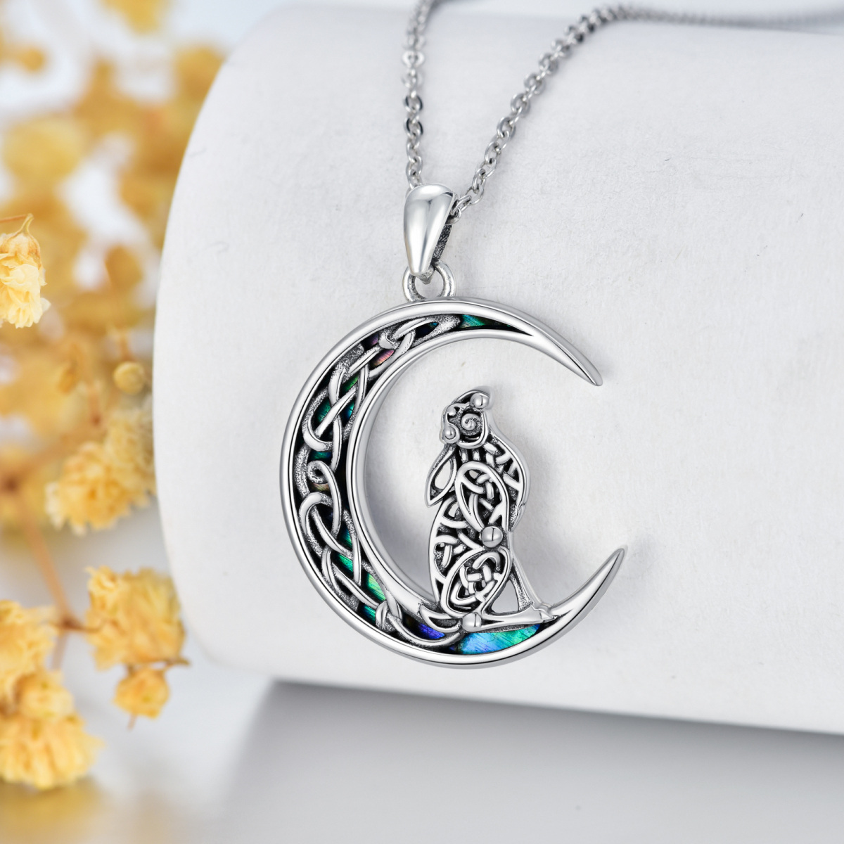 Sterling Silver Abalone Shellfish Rabbit & Celtic Knot & Moon Pendant Necklace-3