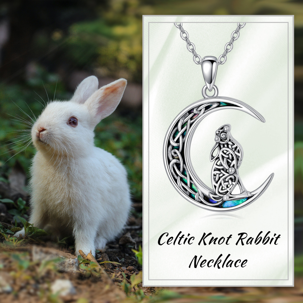 Sterling Silver Abalone Shellfish Rabbit & Celtic Knot & Moon Pendant Necklace-5