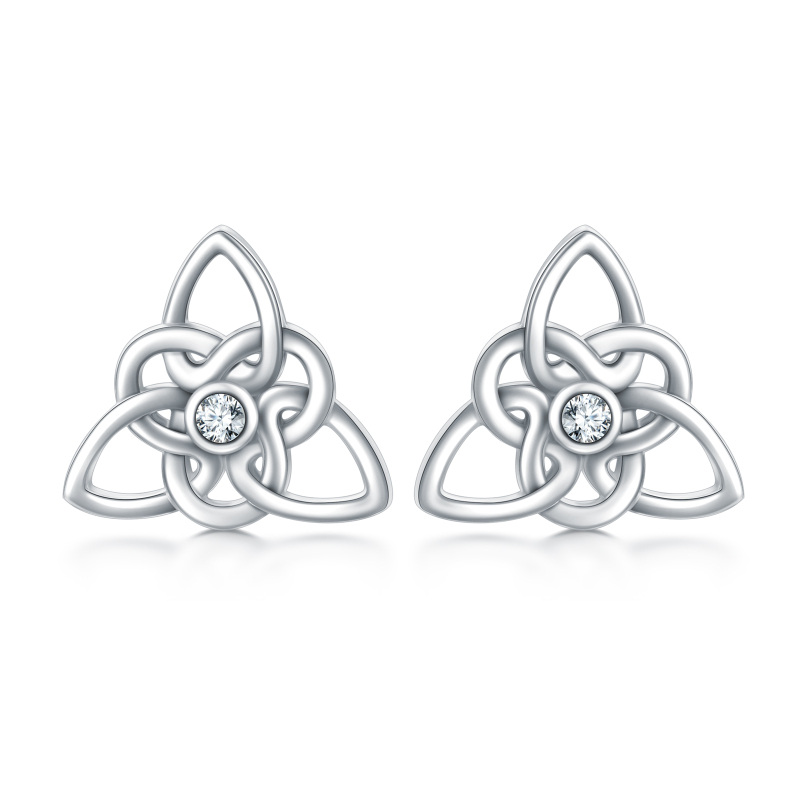 Sterling Silver Round Cubic Zirconia Celtic Knot Stud Earrings-2