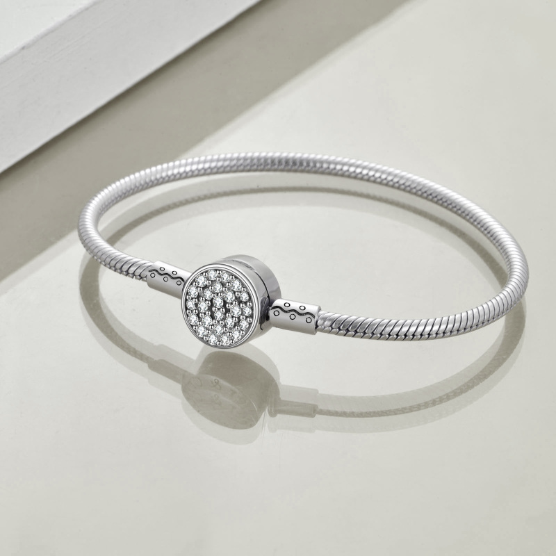 Sterling Silver Cubic Zirconia Round Snake Bone Chain Bracelet-3