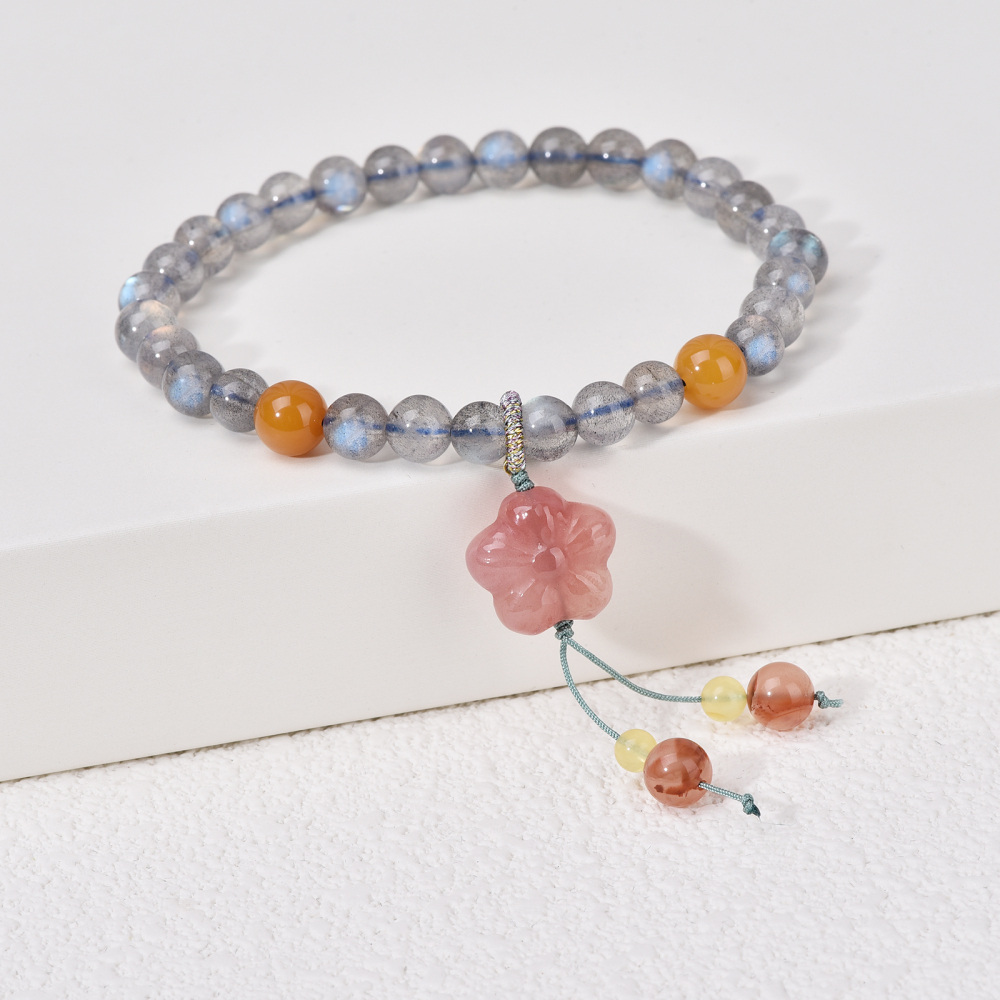 Circular Shaped Agate & Moonstone Cherry Blossom Charm Bracelet-4